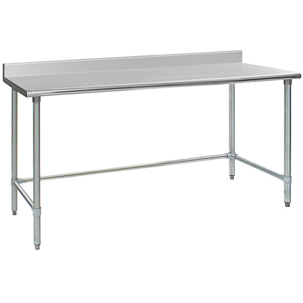 A stainless steel Eagle Group work table with an open base and metal legs.