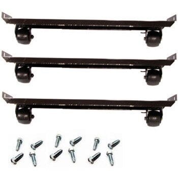 A group of three black True 2 1/2" casters with screws and nuts.