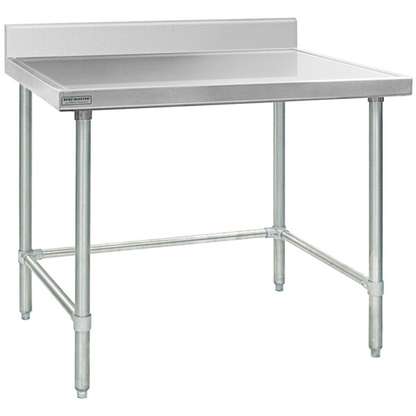 A stainless steel Eagle Group work table with metal legs.