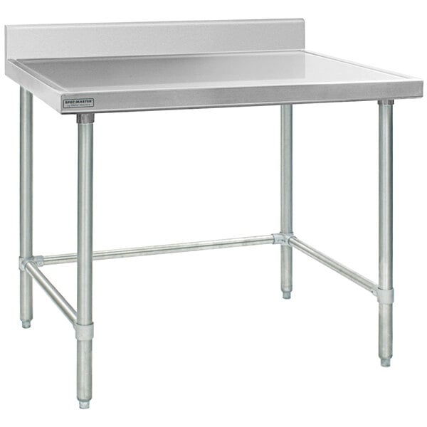 An Eagle Group stainless steel open base work table with metal legs.