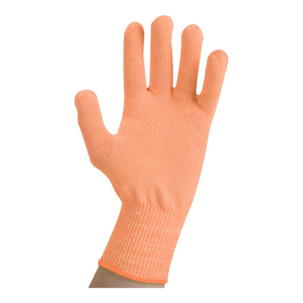 A close-up of a hand wearing an orange Victorinox PerformanceFIT level cut resistant glove.