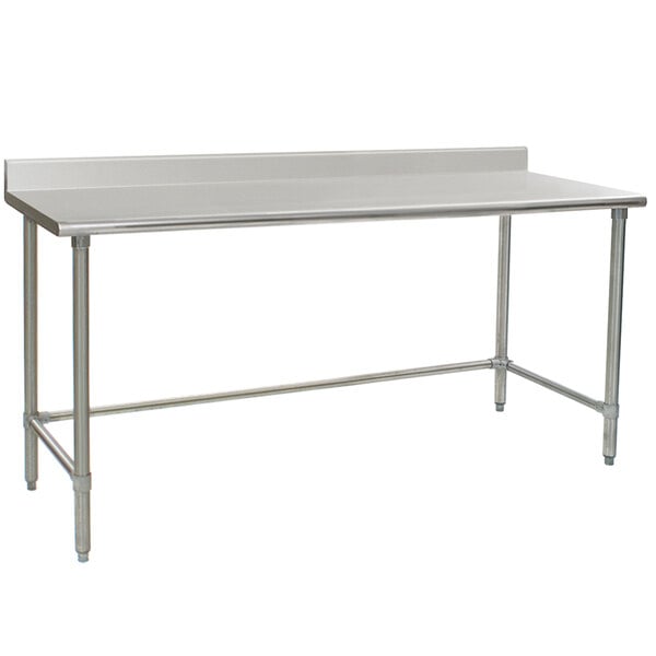 A white rectangular Eagle Group stainless steel work table with a metal base.