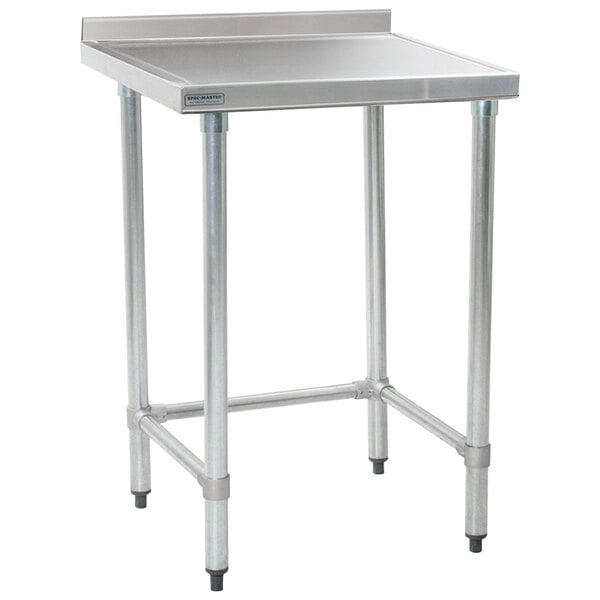 An Eagle Group stainless steel open base work table with a backsplash and legs.