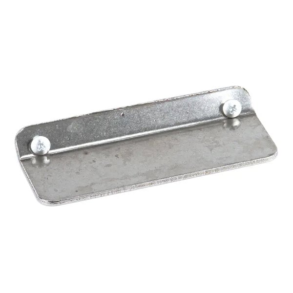 A rectangular metal plate with two screws attached at one end.