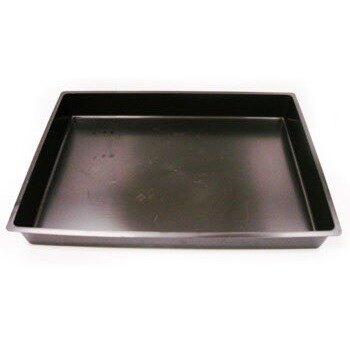 A black rectangular drain pan with a handle.