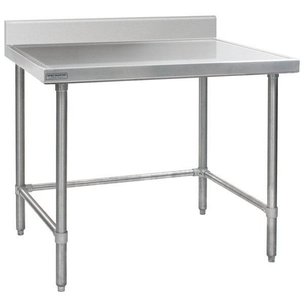 A white rectangular table with metal legs.