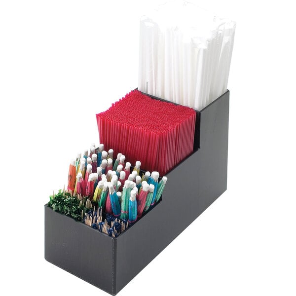 A black container with straws and stir sticks.