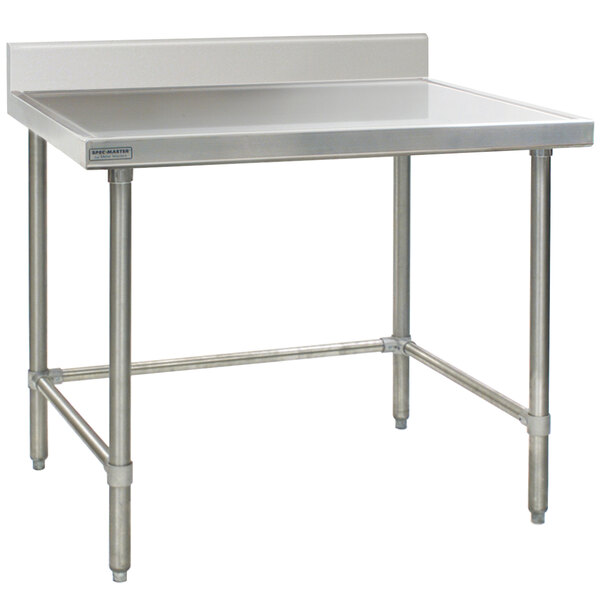 A stainless steel Eagle Group work table with an open base.