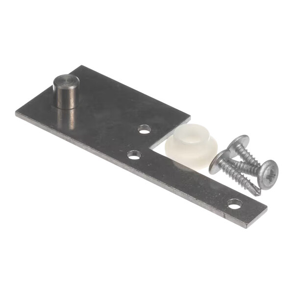 A metal bracket with a screw and a white plastic round object.