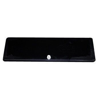 A rectangular black plastic True evaporator drain pan with a white button.