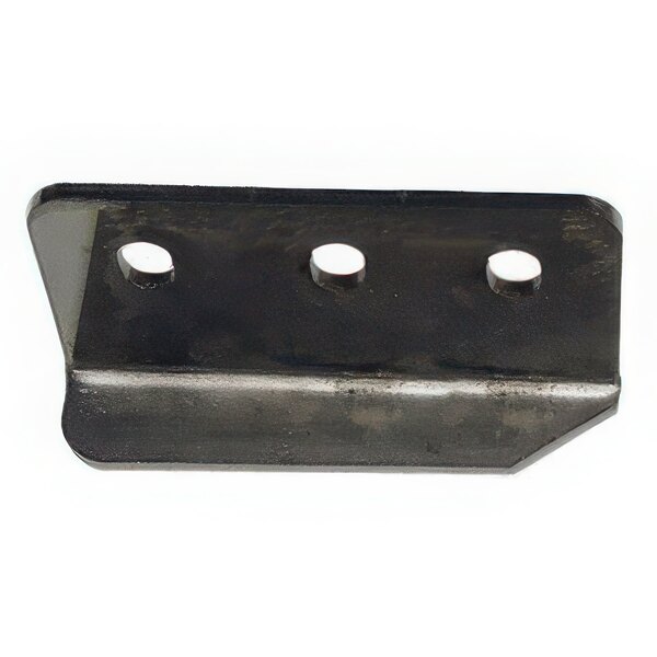 A black metal True bottom door hinge bracket with three holes.