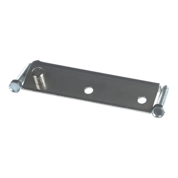 A metal plate with three holes and two screws, likely part of a hinge assembly.