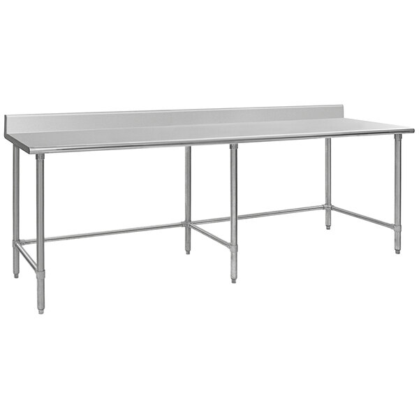 A long rectangular Eagle Group stainless steel work table with an open base.