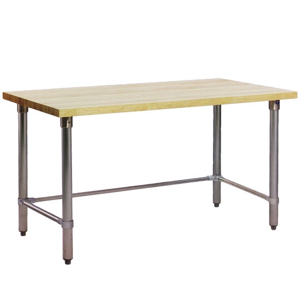 An Eagle Group wood top work table with a stainless steel base.