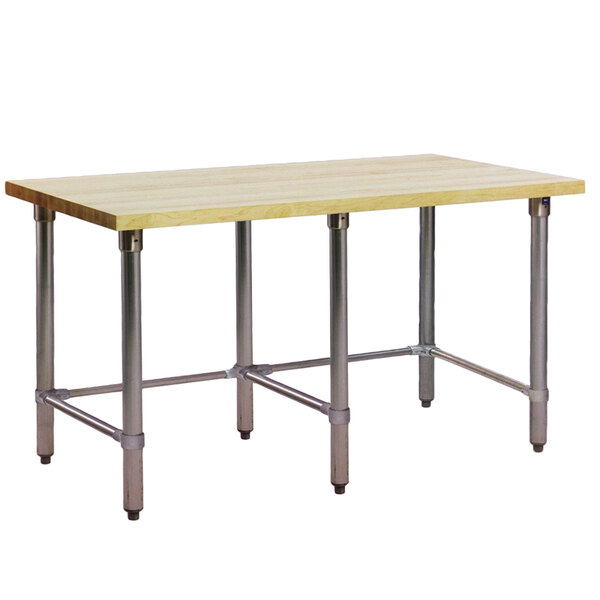 A Eagle Group wood top work table with a stainless steel base.