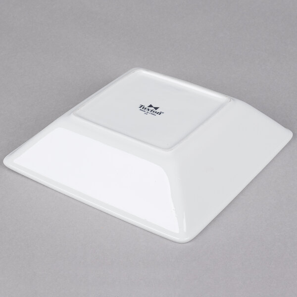 A white square Tuxton China bowl.