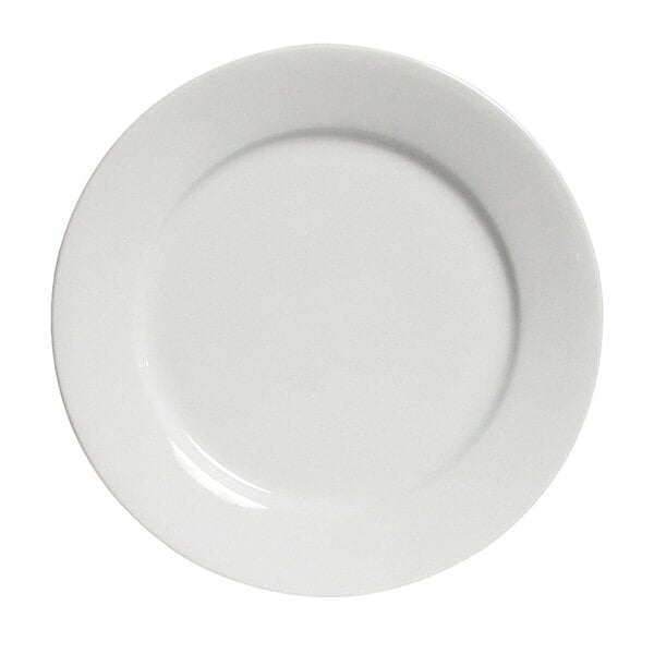 A close-up of a Tuxton Porcelain White China Plate with a white rim.