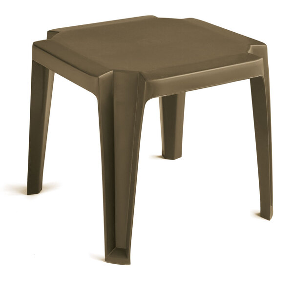 A case of 30 brown plastic Grosfillex low tables with legs.