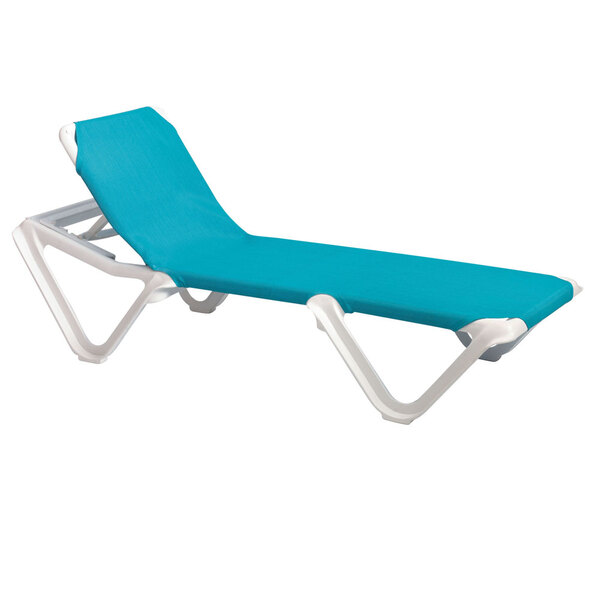 A turquoise and white Grosfillex Nautical sling chaise lounge chair.