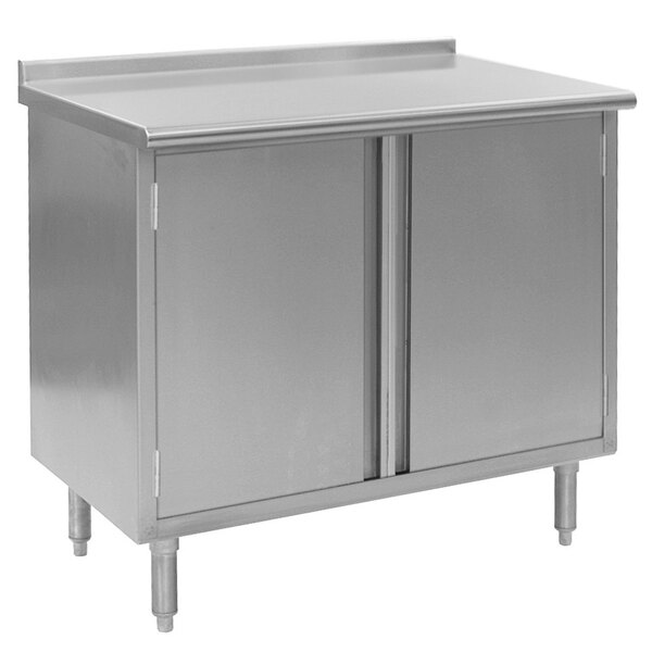 A stainless steel metal cabinet with two doors.