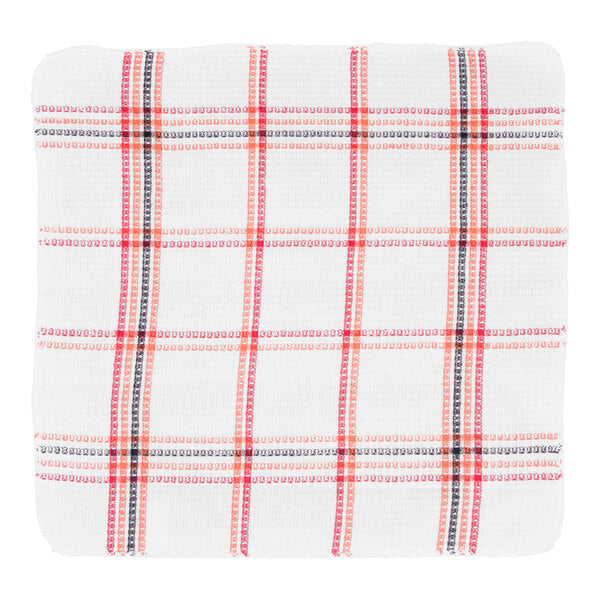 A white waffle weave cloth with a red, orange, and black plaid pattern.