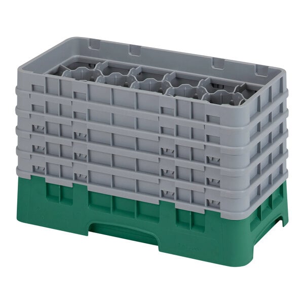 A grey and green plastic Cambro glass rack with extenders.