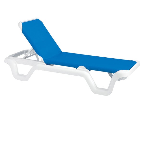 A white Grosfillex Marina sling chaise with blue accents.