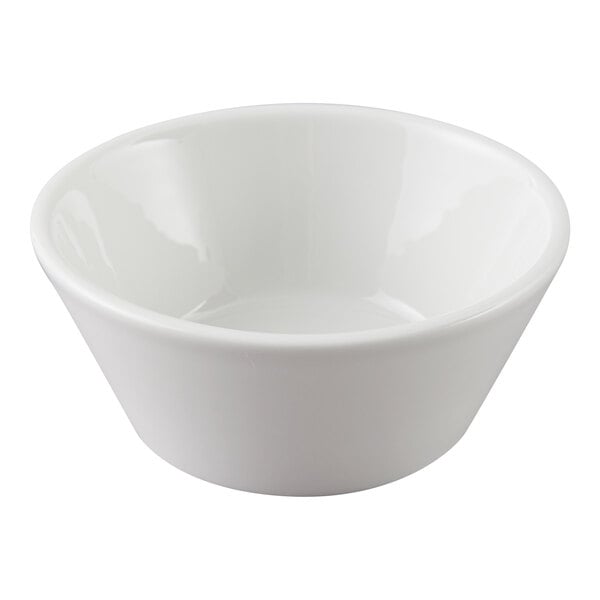 A white porcelain tapered soup bowl.