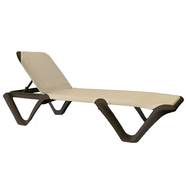 A Grosfillex khaki resin sling chaise lounge with a wooden frame.