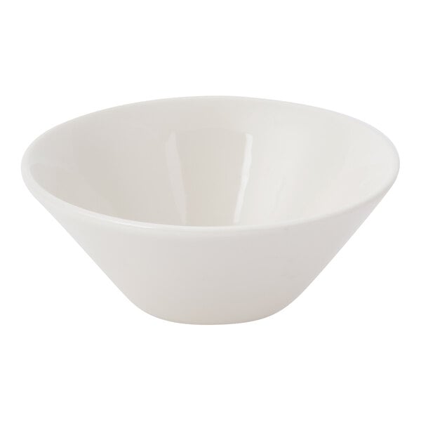 A white, tapered china bowl with a smooth finish.