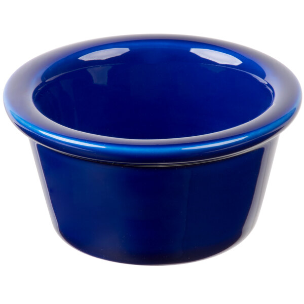 A cobalt blue Tuxton china ramekin.
