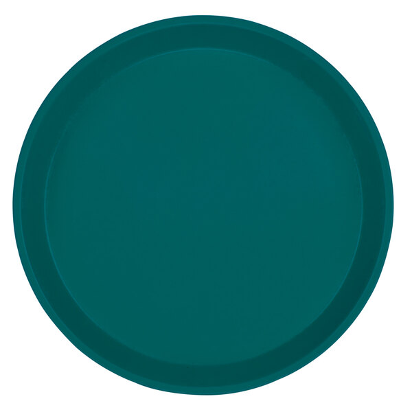 A teal round Cambro fiberglass tray.