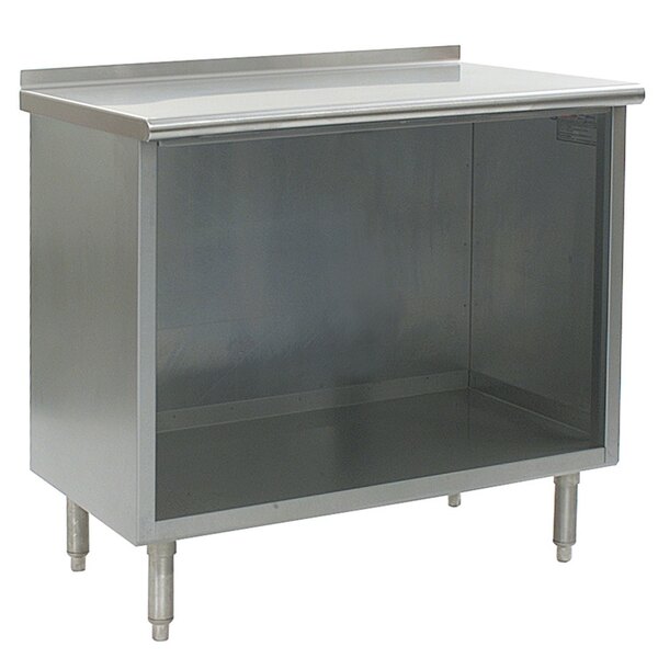 A stainless steel Eagle Group work table with an open cabinet base.