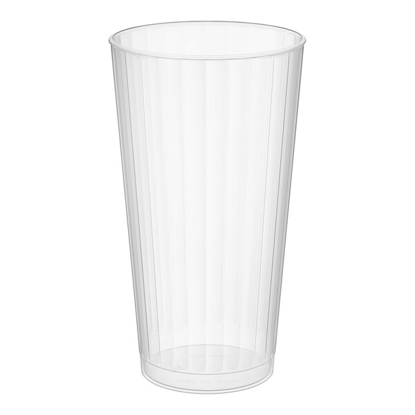 A clear plastic fluted tumbler with a 16 oz. capacity.