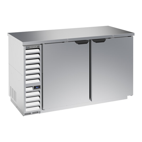 A stainless steel, counter-height back bar refrigerator with two solid doors and a vented side panel.