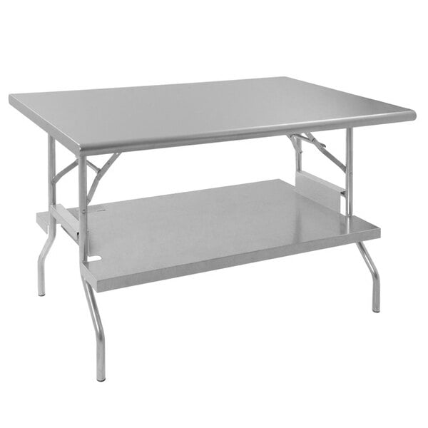 A silver rectangular Eagle Group stainless steel table with a galvanized undershelf.