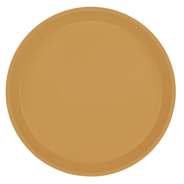 A close-up of a yellow Cambro fiberglass plate with brown trim.