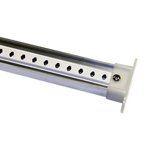 A close-up of a white metal rod with holes on the end.