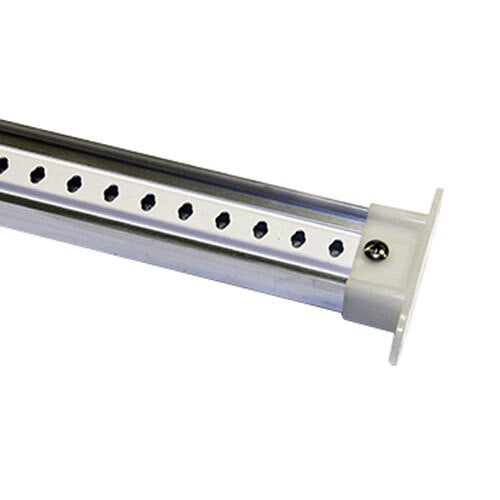 A close-up of a white metal rod with holes on the end.