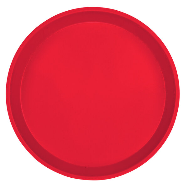 A red round fiberglass tray with a white background.