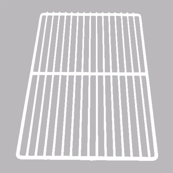 A white coated metal grid shelf for a back bar refrigerator.