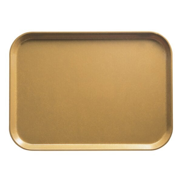 A Cambro rectangular earthen gold fiberglass tray on a cafeteria counter.