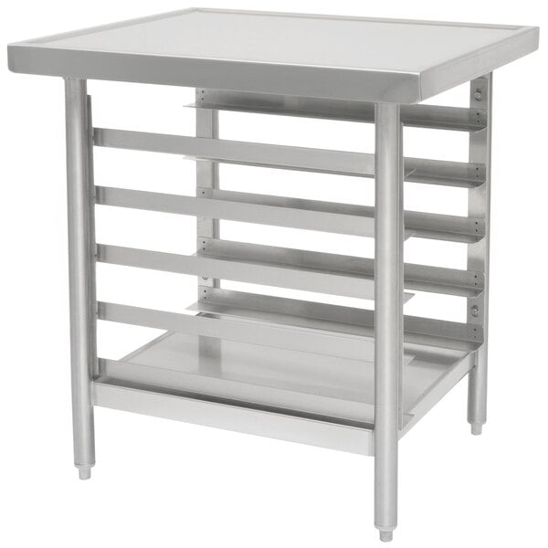 A stainless steel Eagle Group slicer table with shelves.