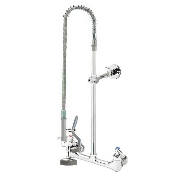 A T&S chrome wall mounted pre-rinse faucet with a hand held sprayer.