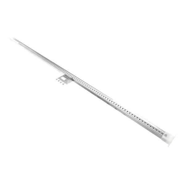 A long, metallic rail with evenly spaced holes and a small bracket attached near one end.