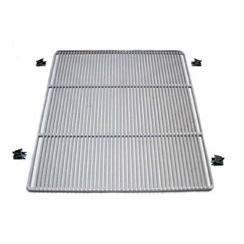 A white metal wire shelf with metal clips.