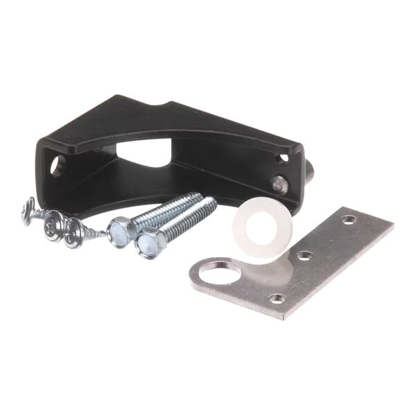 A black metal bracket with screws and nuts for a True 870878 bottom right hinge.