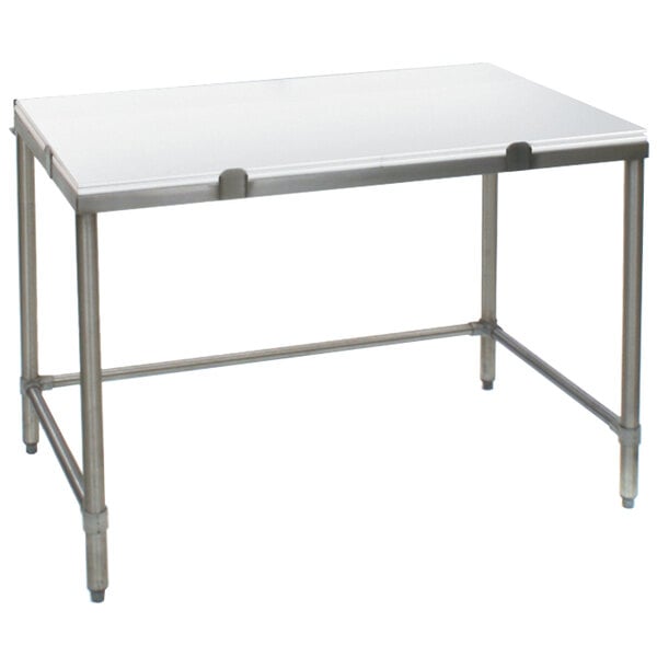 A white rectangular Eagle Group poly top chopping table with metal legs.