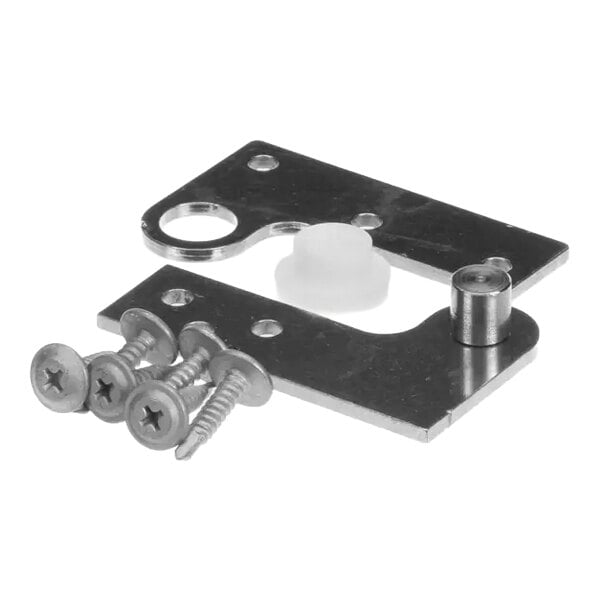 A metal hinge kit with two flat plates, a cylindrical pin, a white plastic spacer, and four screws.