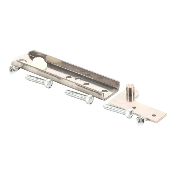 A stainless steel hinge bracket with screws and bolts.